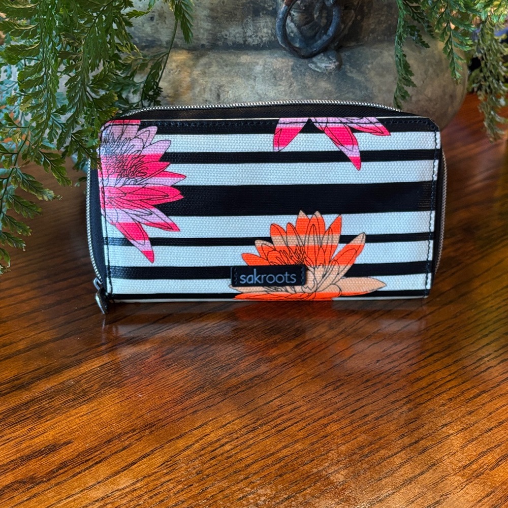 Sakroots Black and White Striped Wallet with Pink and Orange Floral Design
